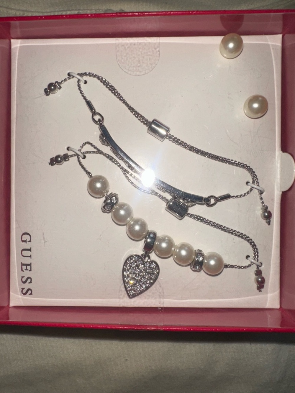 GUESS Silver Pearl Bracelet Trio with Pave Heart Charm - White & Silver